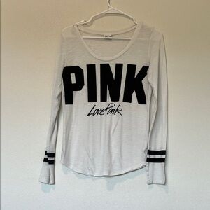 PINK Victoria's Secret White Long Sleeve Tee with Black Lettering